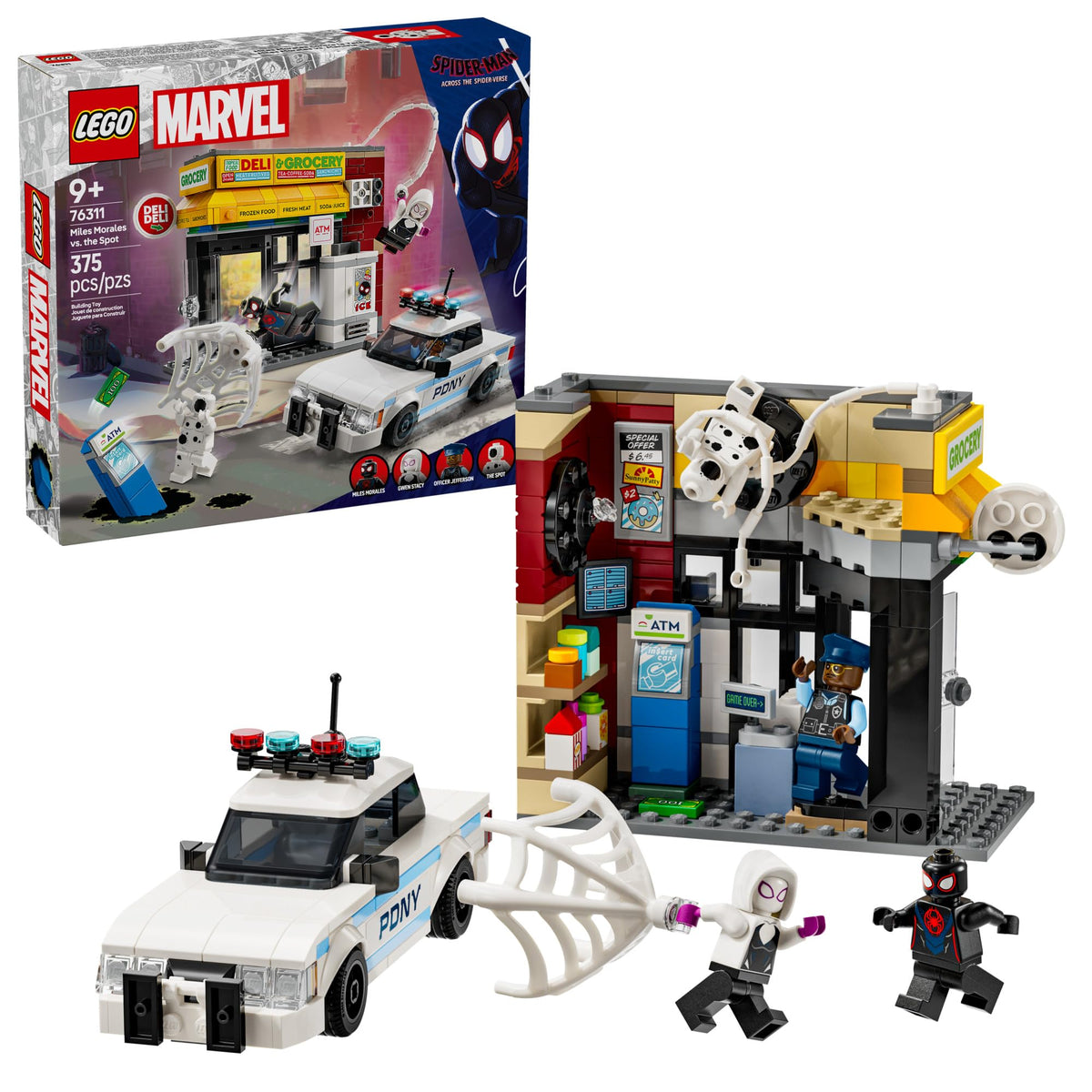 LEGO Marvel Spider-Verse Miles Morales minifigure in action pose for imaginative play.