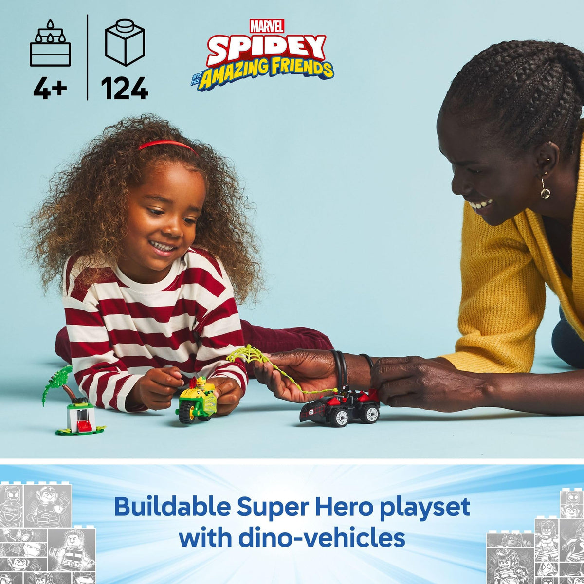 LEGO Marvel Spidey Web Spinner Headquarters spin-dinosaur-car scene supports storytelling and fine motor skills