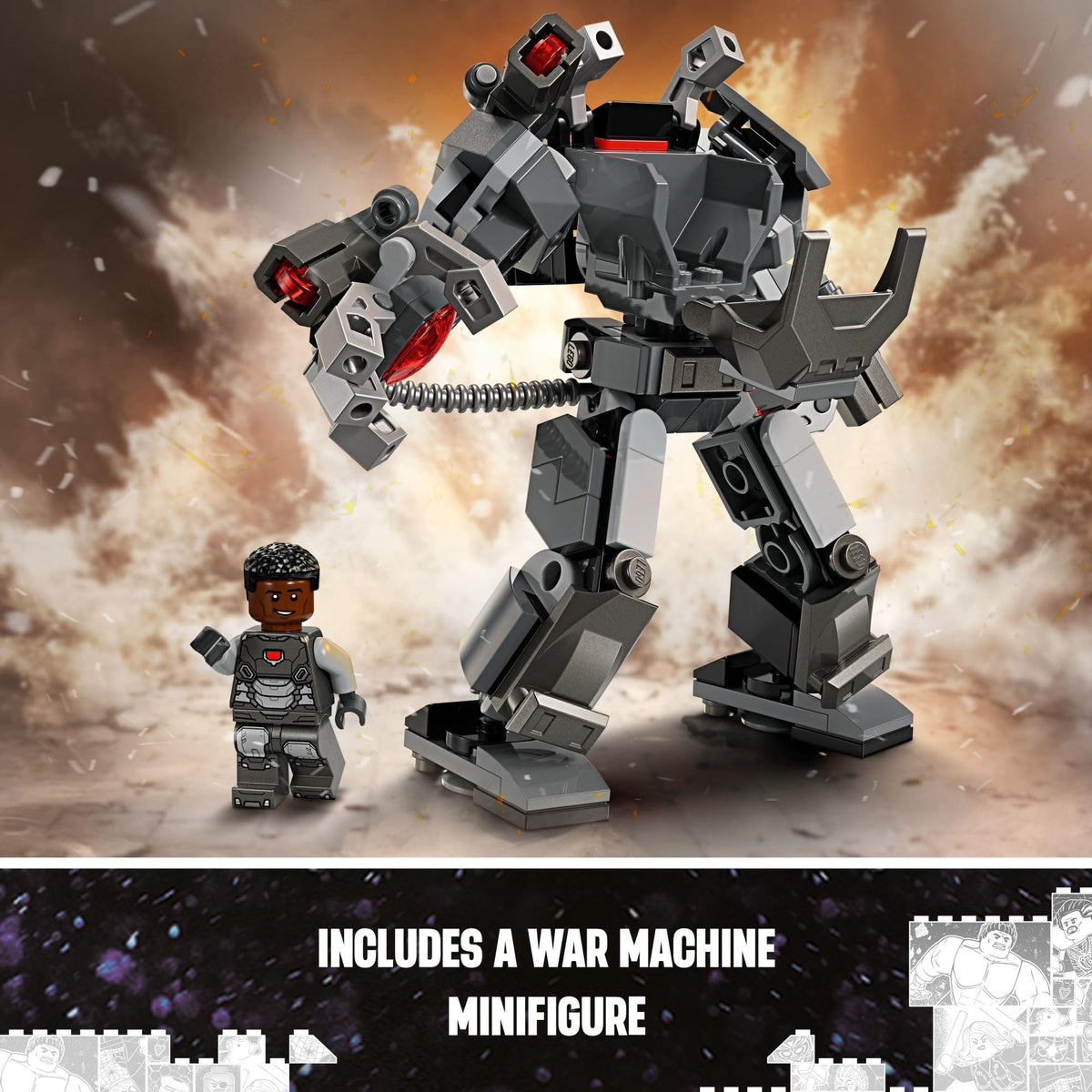 LEGO Marvel War Machine Mech Armor display-ready figure for a room shelf.