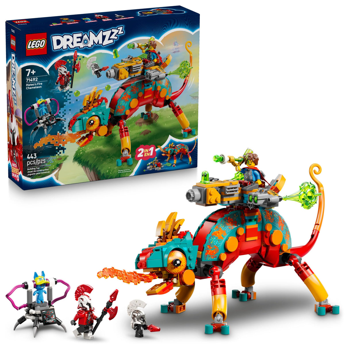 LEGO DREAMZzz Mateo's Fire Chameleon build offers action-packed pretend play with a poseable chameleon.