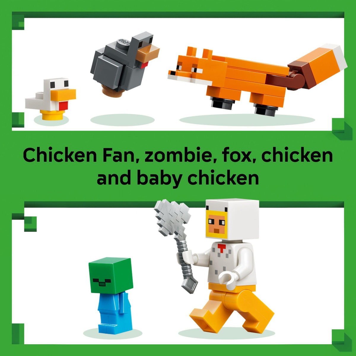 LEGO Minecraft Chicken Farm accessories like torches, hay, and tools for setup