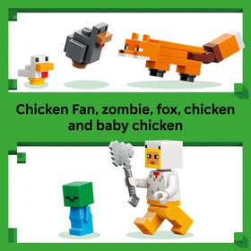 LEGO Minecraft Chicken Farm accessories like torches, hay, and tools for setup