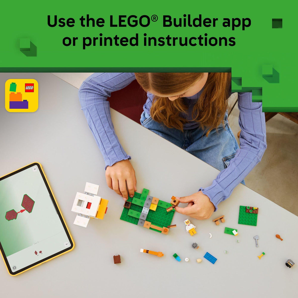LEGO Minecraft Chicken Farm Builder app guiding building in 3D