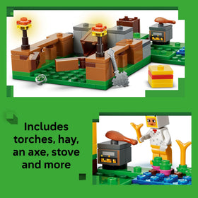 LEGO Minecraft Chicken Farm egg dispenser feature enabling feeding scenes