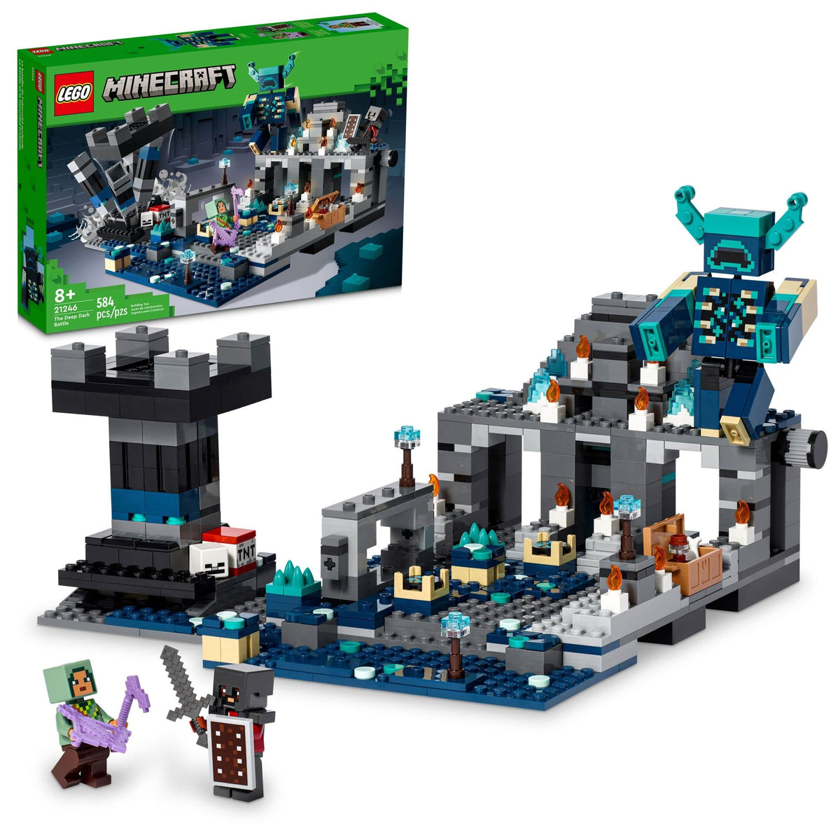 LEGO Minecraft Deep Dark Battle ancient city scene inviting epic imaginative play