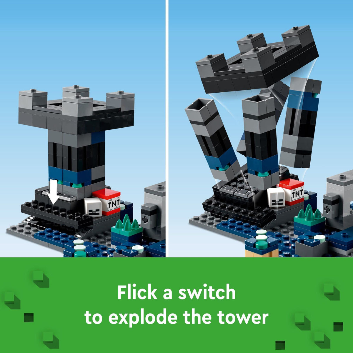 LEGO Minecraft Deep Dark Battle exploding tower in dynamic play moment