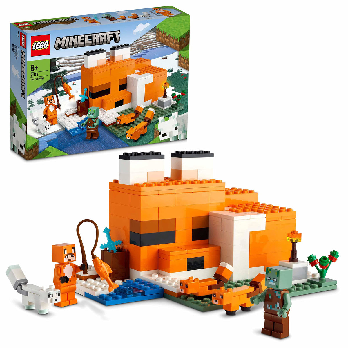 LEGO Minecraft Fox Lodge front view with sleeping fox for imaginative play