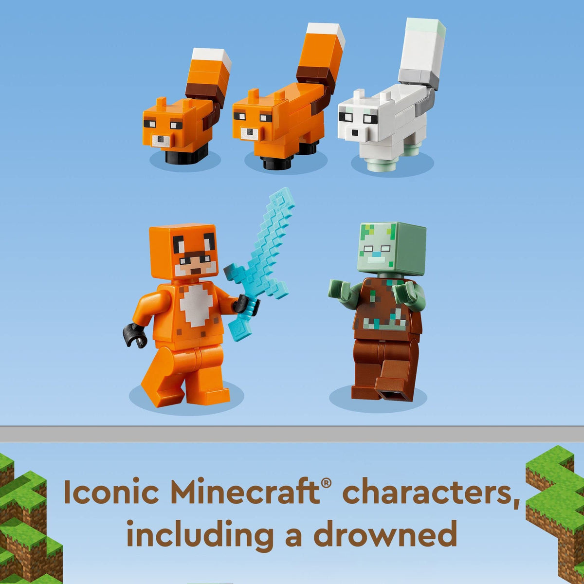 LEGO Minecraft Fox Lodge House drowned zombie figure adds a playful challenge to the scene