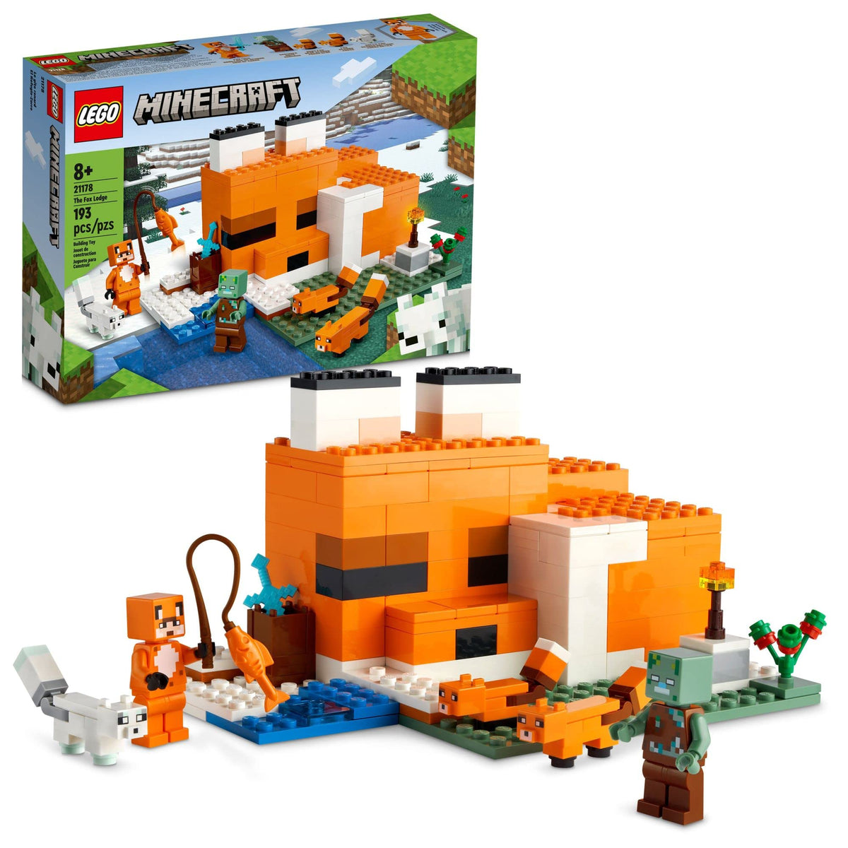 LEGO Minecraft Fox Lodge House front view showing cozy exterior and inviting entrance for imaginative play