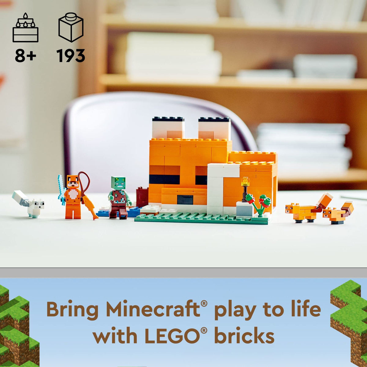 LEGO Minecraft Fox Lodge House open back reveals easy-access interior space for arranging furniture