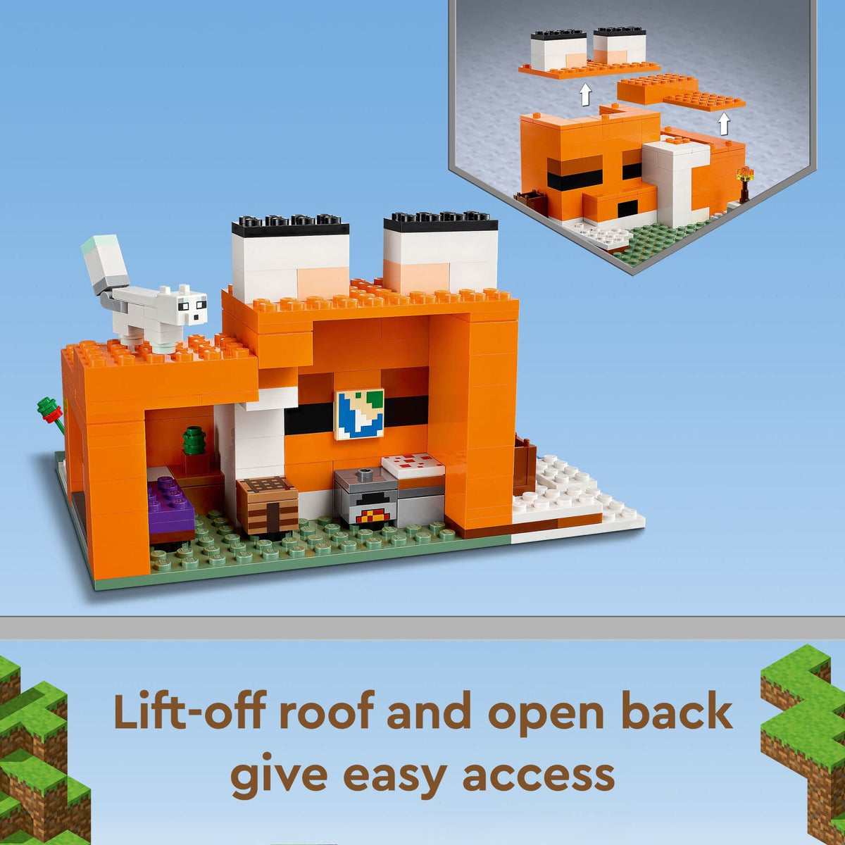 LEGO Minecraft Fox Lodge House roof removed exposes interior for roleplay adventures