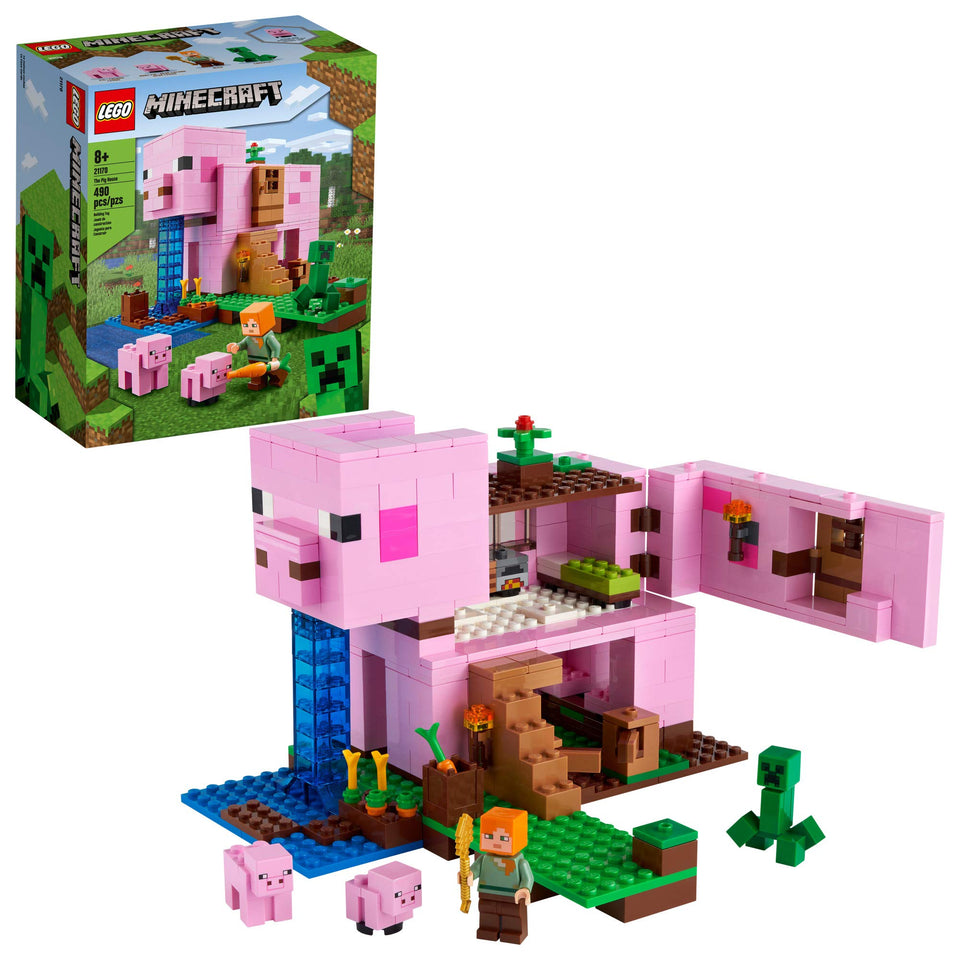LEGO Minecraft Pig House front view with Alex and Creeper for imaginative play.