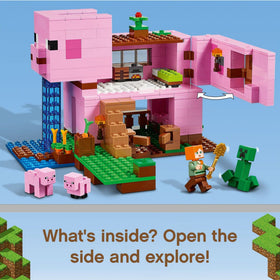 LEGO Minecraft pig house roof removable for hidden room exploration.