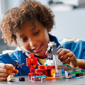 LEGO Minecraft Ruined Portal build area highlights brick by brick assembly for creative problem solving.