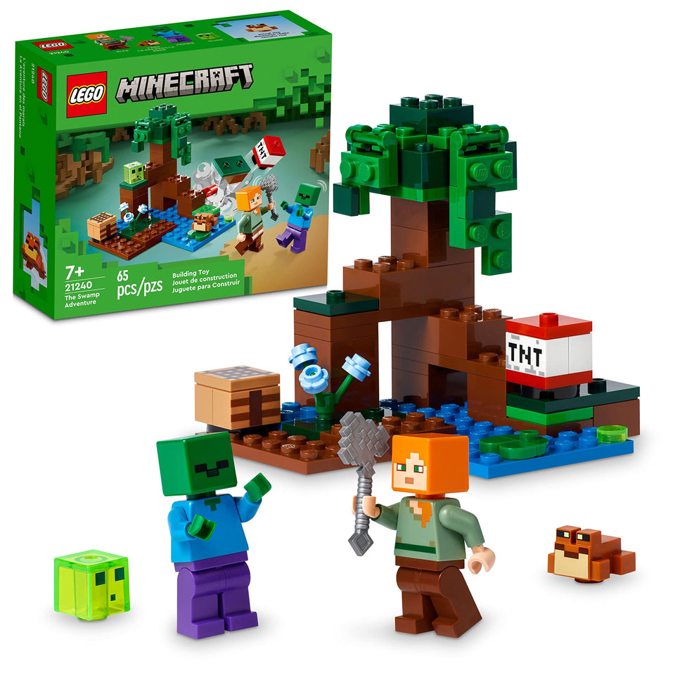 LEGO Minecraft The Swamp Adventure 21240: Alex with axe explores swamp biome for creative play.