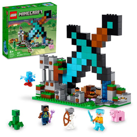 LEGO Minecraft Sword Outpost front view highlights the giant diamond sword base for imaginative battles.