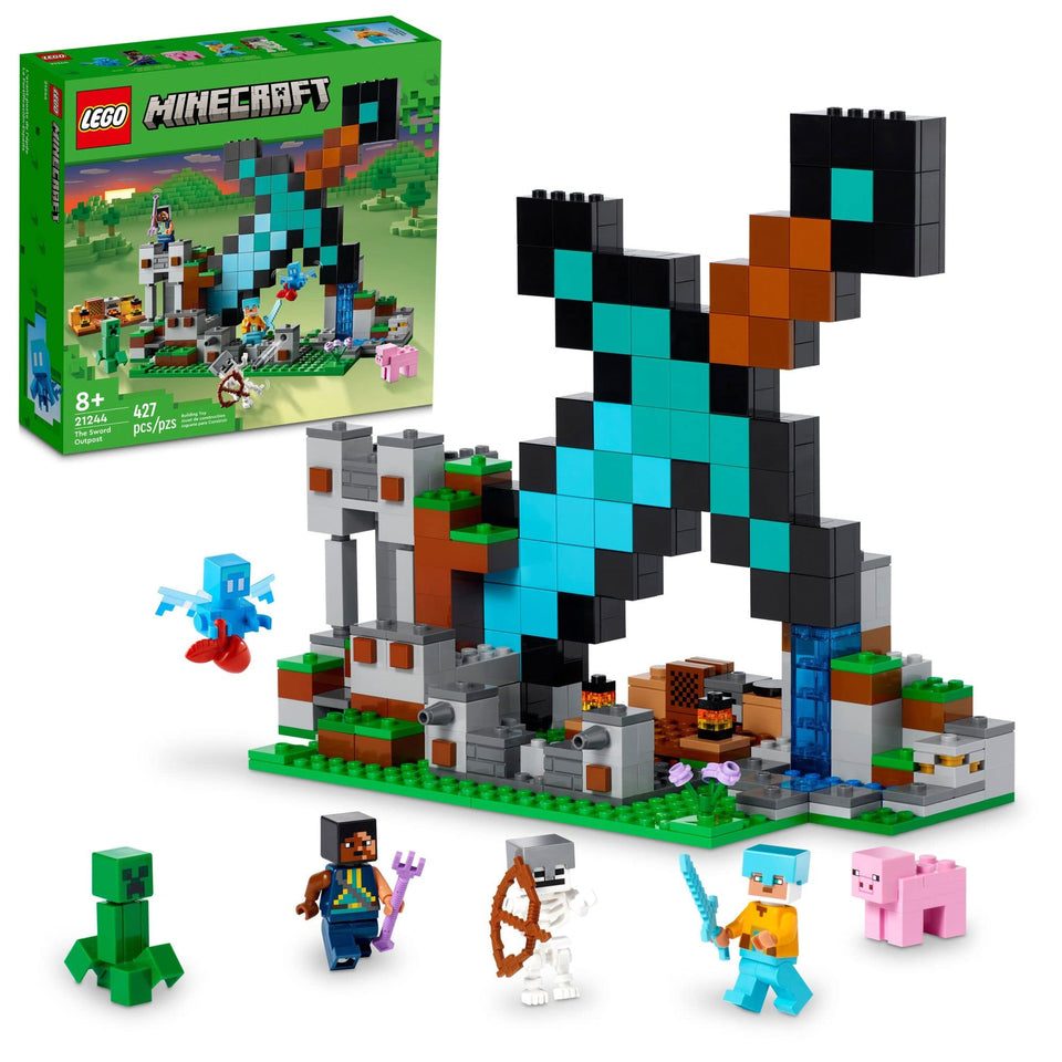 LEGO Minecraft Sword Outpost front view highlights the giant diamond sword base for imaginative battles.