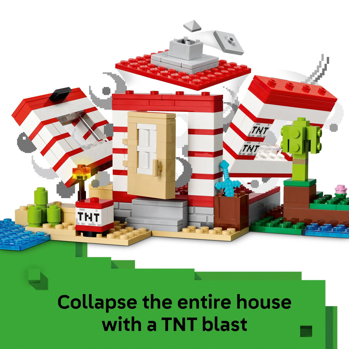 LEGO Minecraft TNT Jungle House demonstrates destruction function with wall collapse.