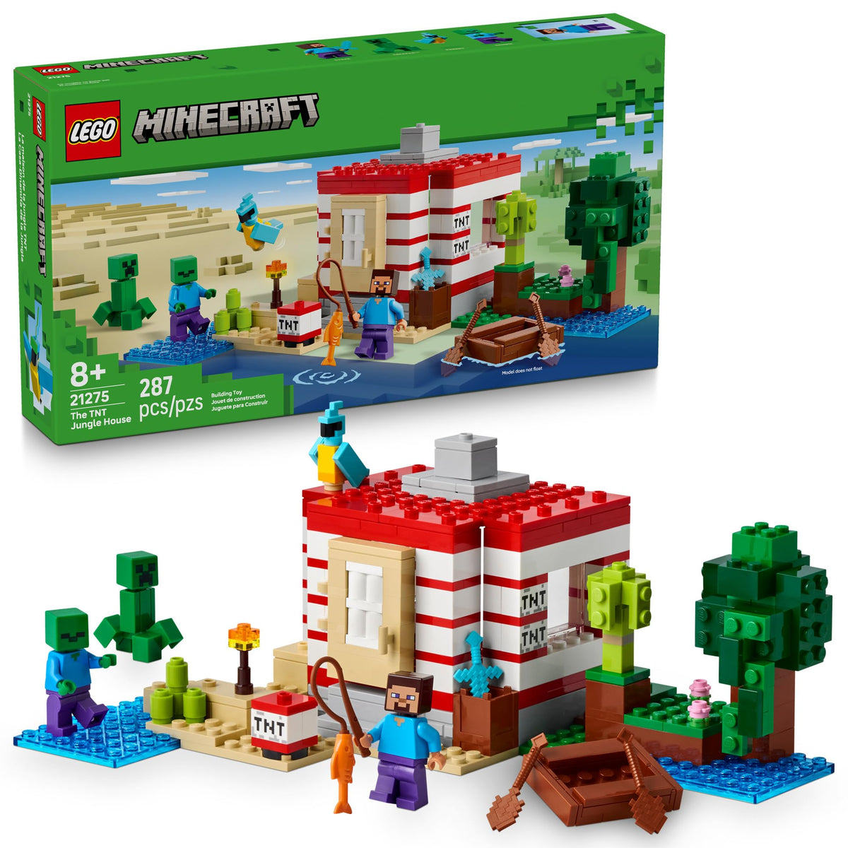 LEGO Minecraft TNT Jungle House shows explosive action for imaginative play.