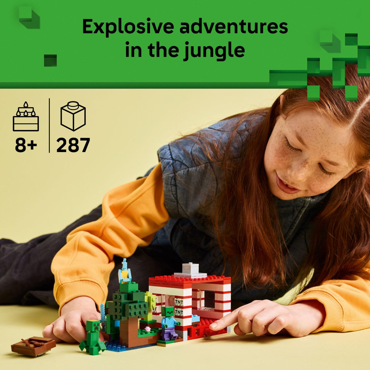 LEGO Minecraft TNT Jungle House with Steve, Creeper and zombie minifigures for adventure.