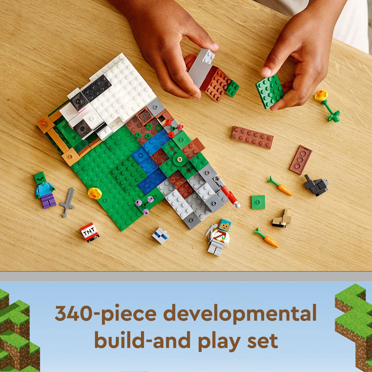 LEGO Minecraft The Ranch Rabbit Minifigures set with trainer and rabbits for storytelling.