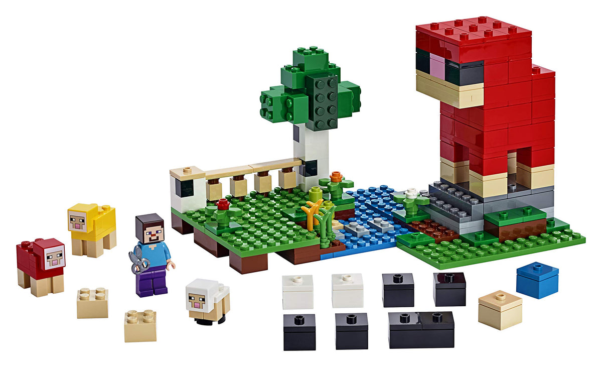 LEGO Minecraft The Wool Farm dyed sheep ready for imaginative adventures.