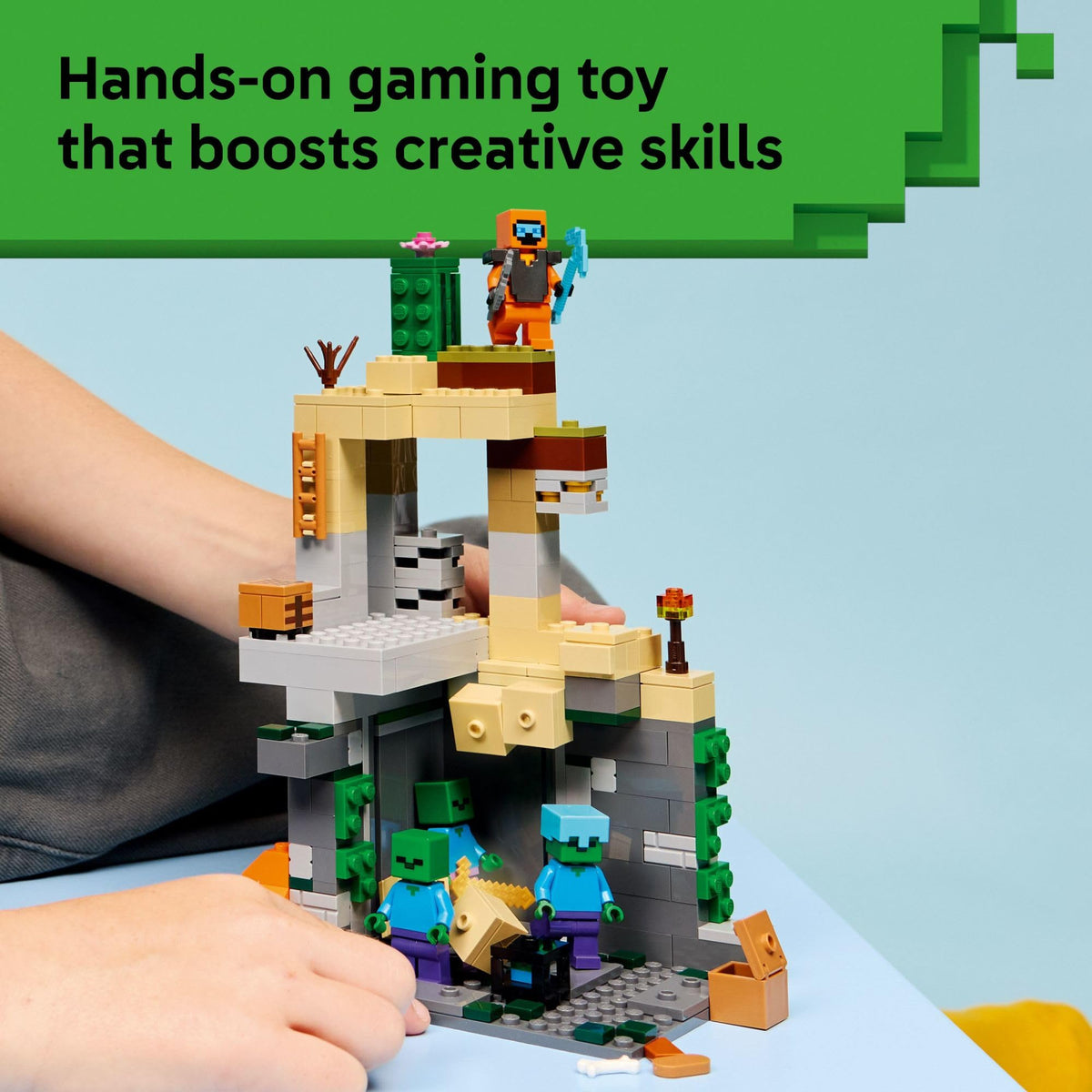 LEGO Minecraft Zombie Dungeon rockfall mechanism showcases dynamic play