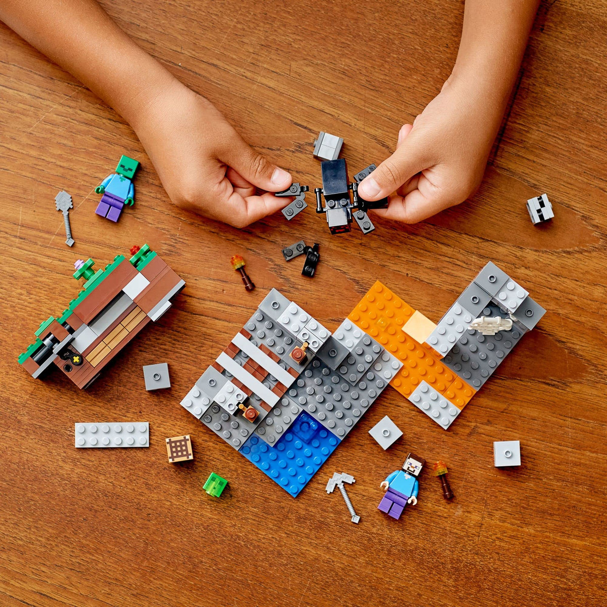 Zombie figure adds action-packed encounters during LEGO Minecraft mining play.