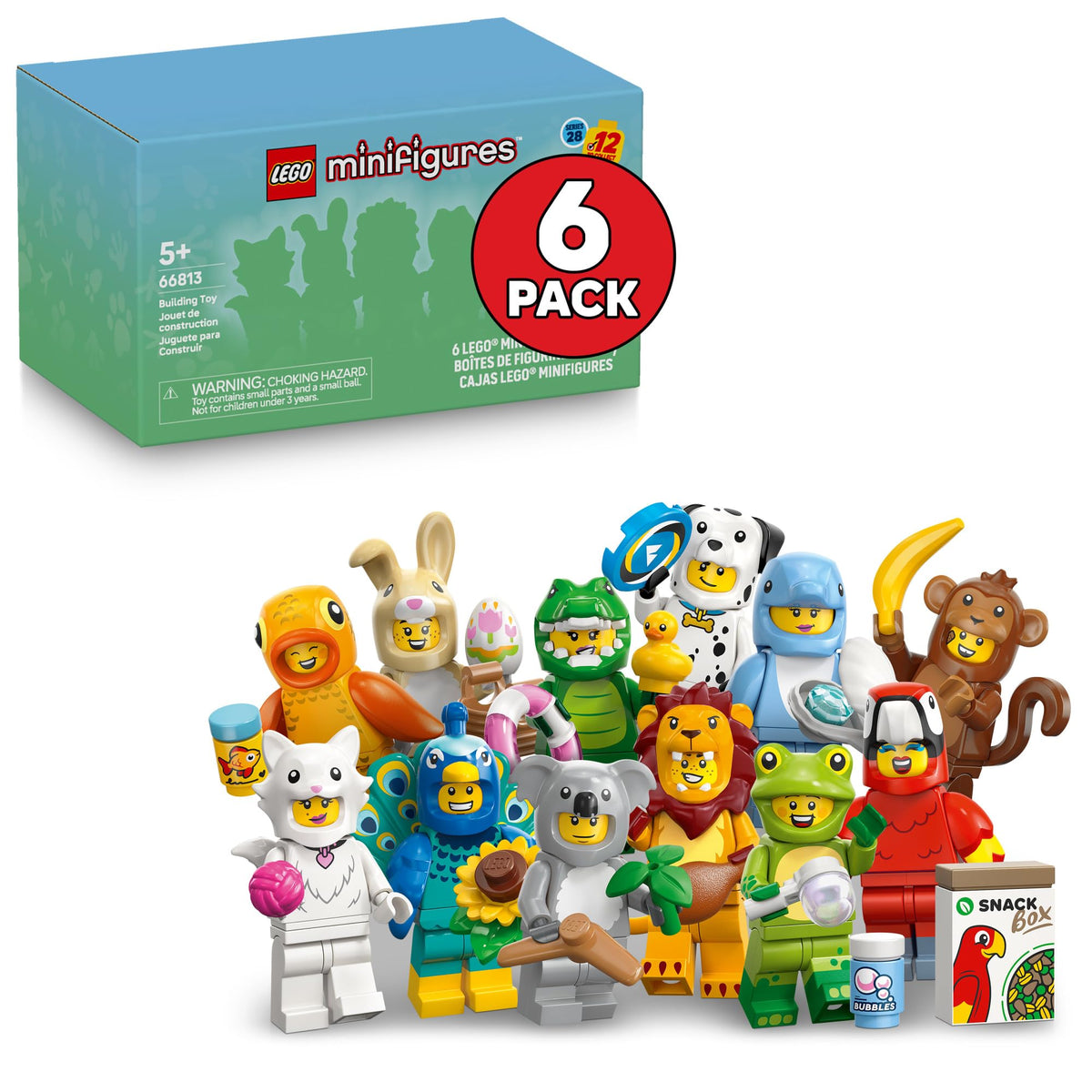 LEGO Minifigures Animal Series 28 six-pack mystery box invites collectors to discover surprises.