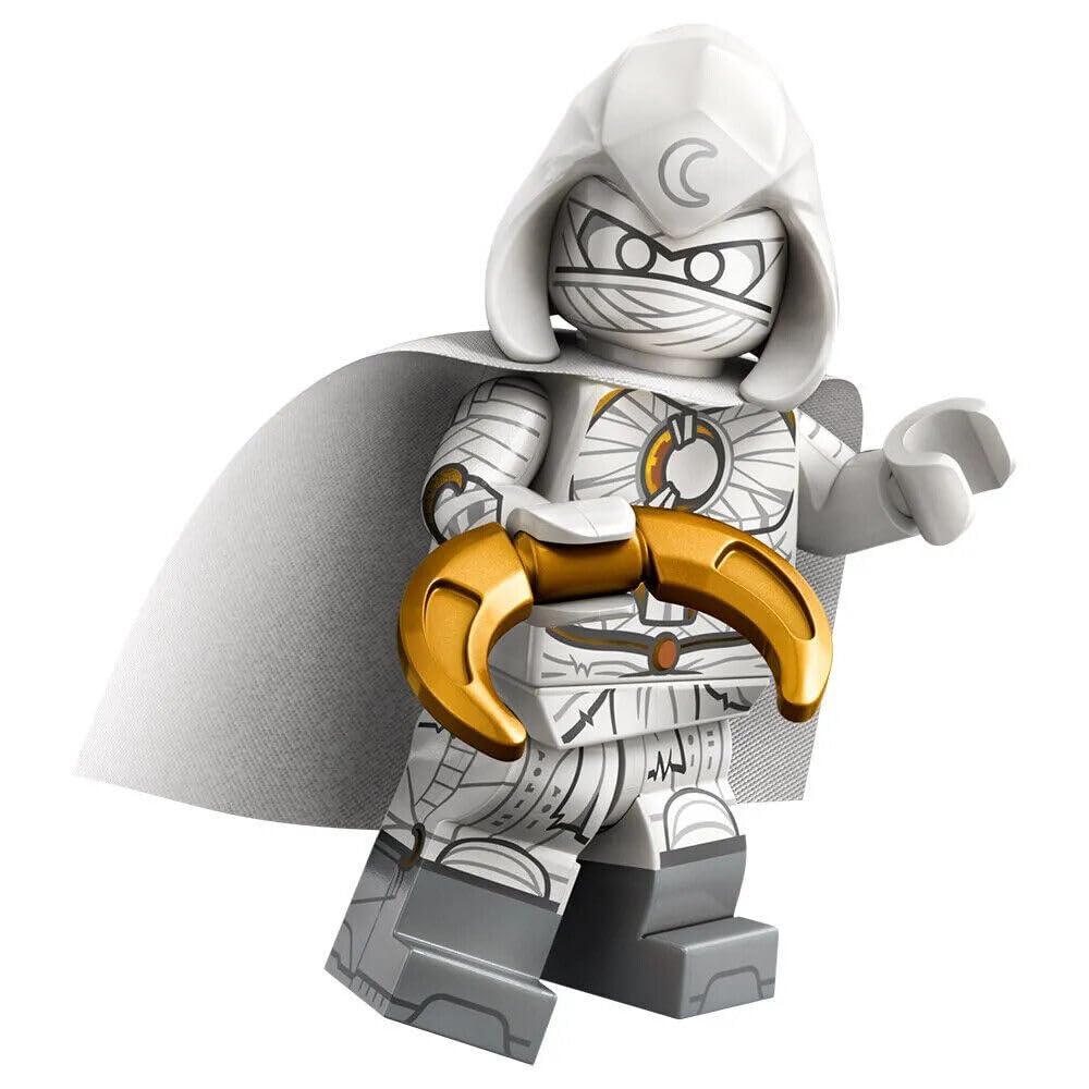 LEGO Moon Knight minifigure with calendar capes, ideal for display and imaginative play.