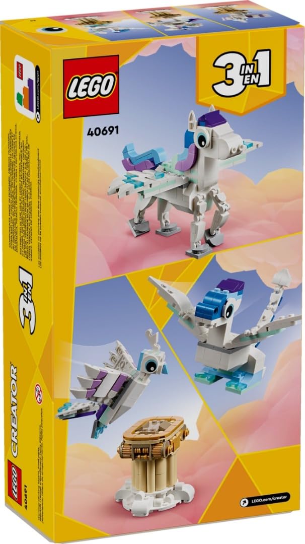LEGO Mythical Pegasus head and tail poseable for imaginative storytelling.