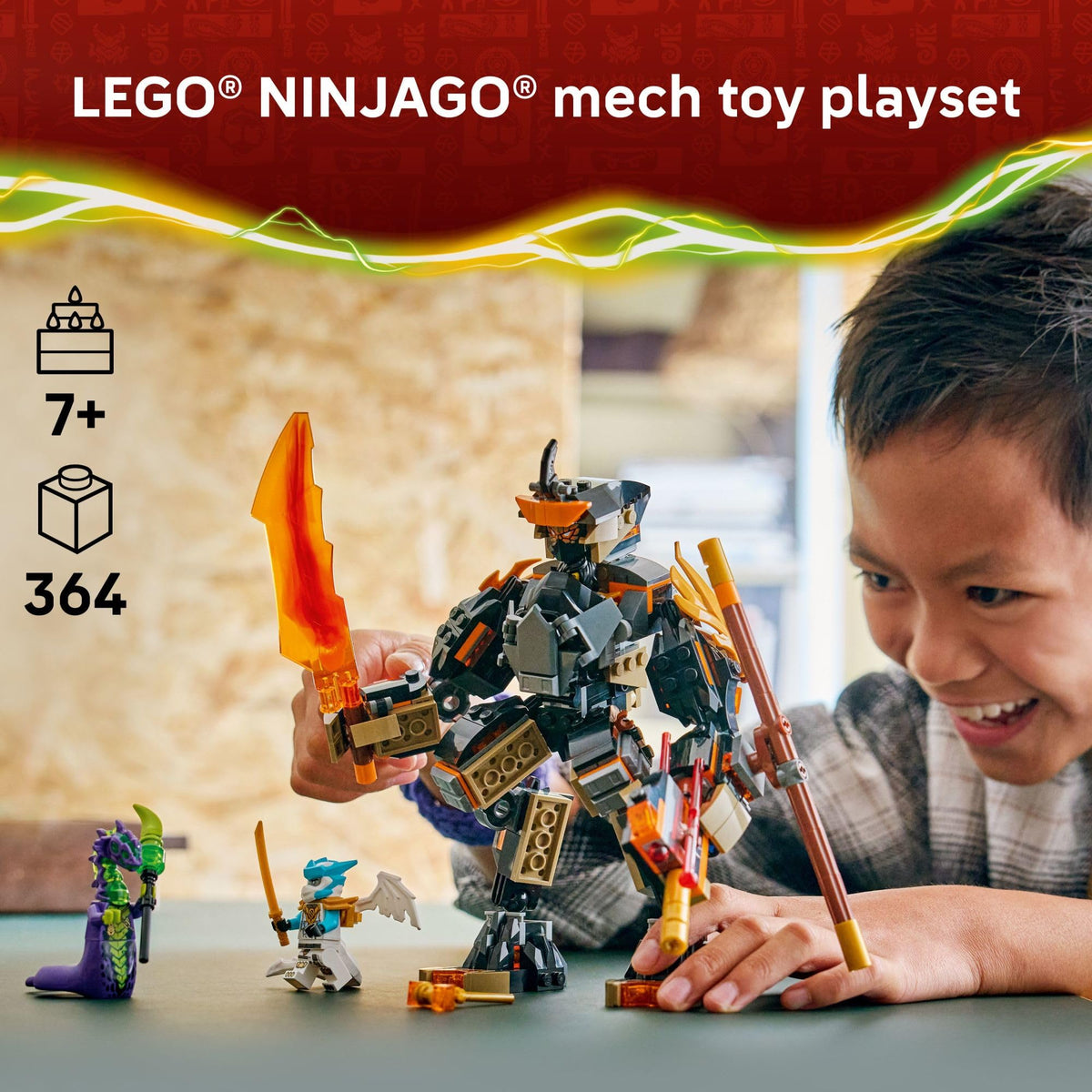 LEGO NINJAGO Cole's Mission Mech poseable arms enable dynamic action poses.