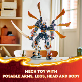 LEGO NINJAGO Mech Cole sword action with golden katana accessories.