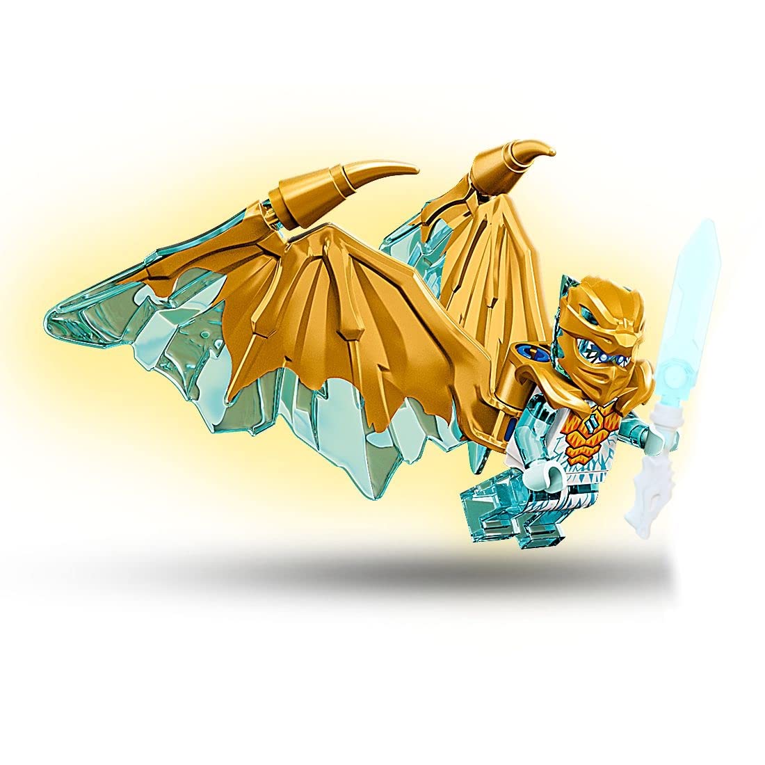 Close-up of Zane figure with golden dragon wings and translucent sword for dynamic scenes.