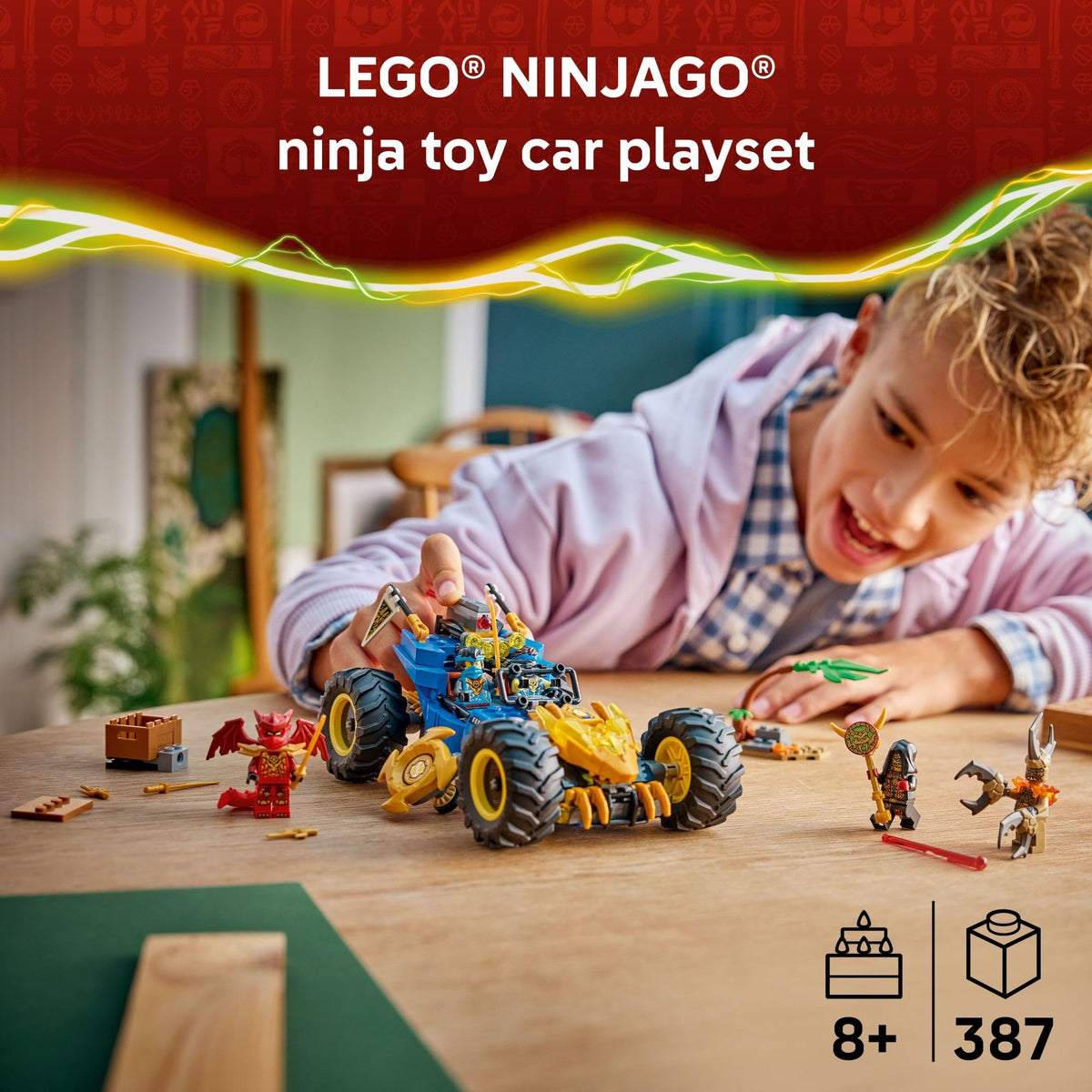LEGO NINJAGO Jay's Transforming Car in dragon mode with golden head and claws