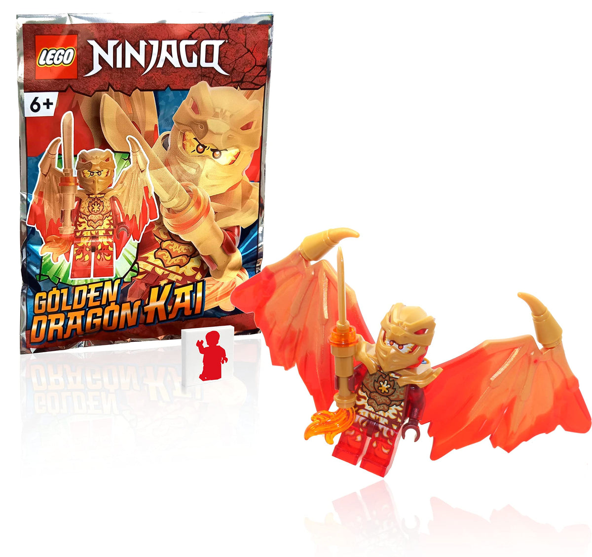 LEGO NINJAGO Kai Golden Dragon figure with wings for imaginative play and scene-building adventures.