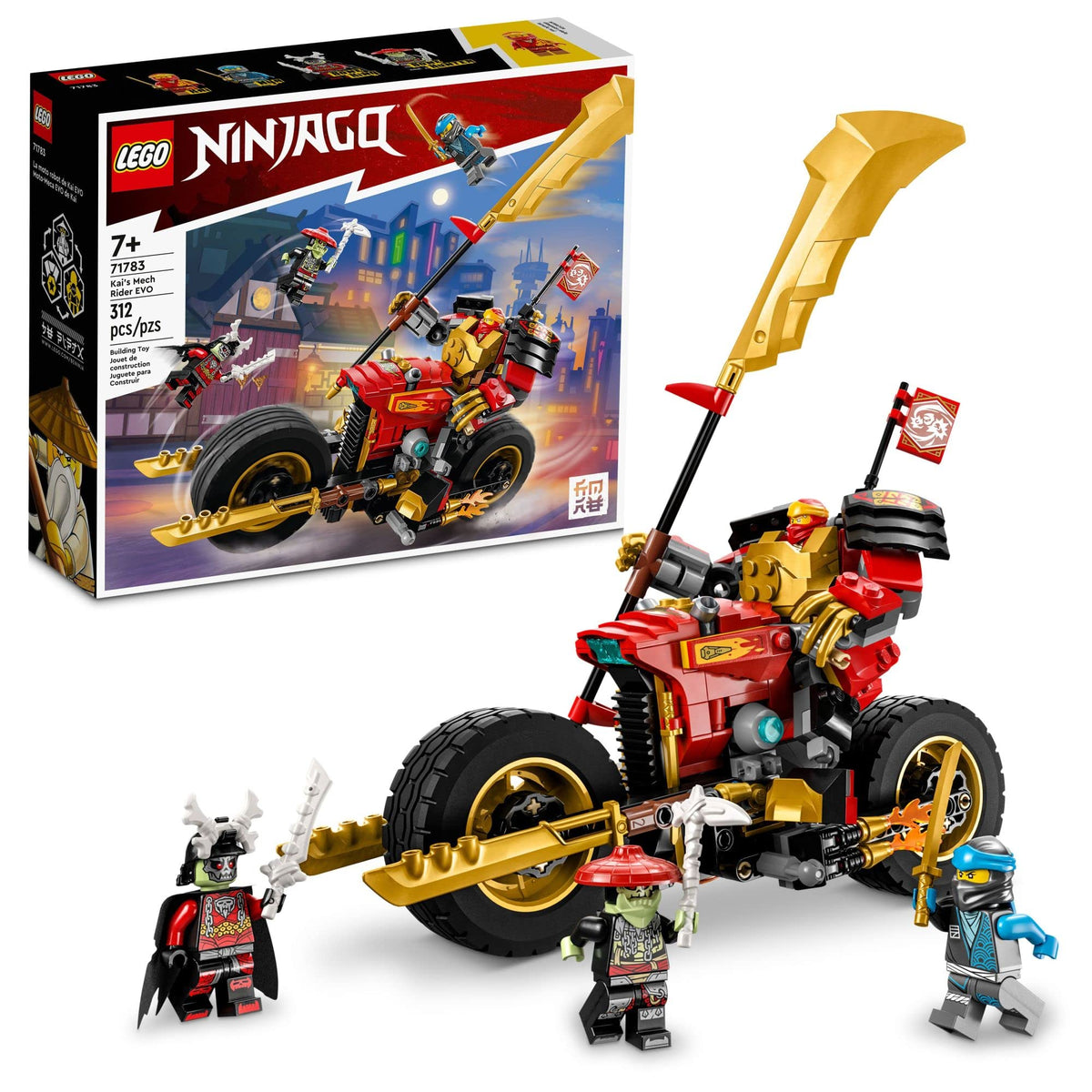 LEGO NINJAGO Kai's Mech Rider upgradable bike ready for epic battles.