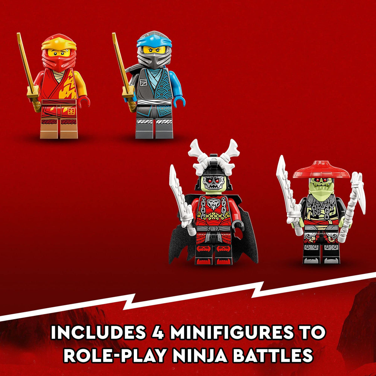 LEGO NINJAGO Kai and Nya minifigures with swords for duels.