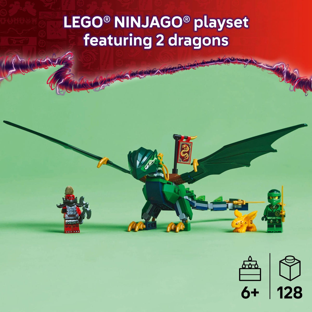 LEGO NINJAGO Lloyd’s Green Forest Dragon saddle detail enables riding play possibilities.