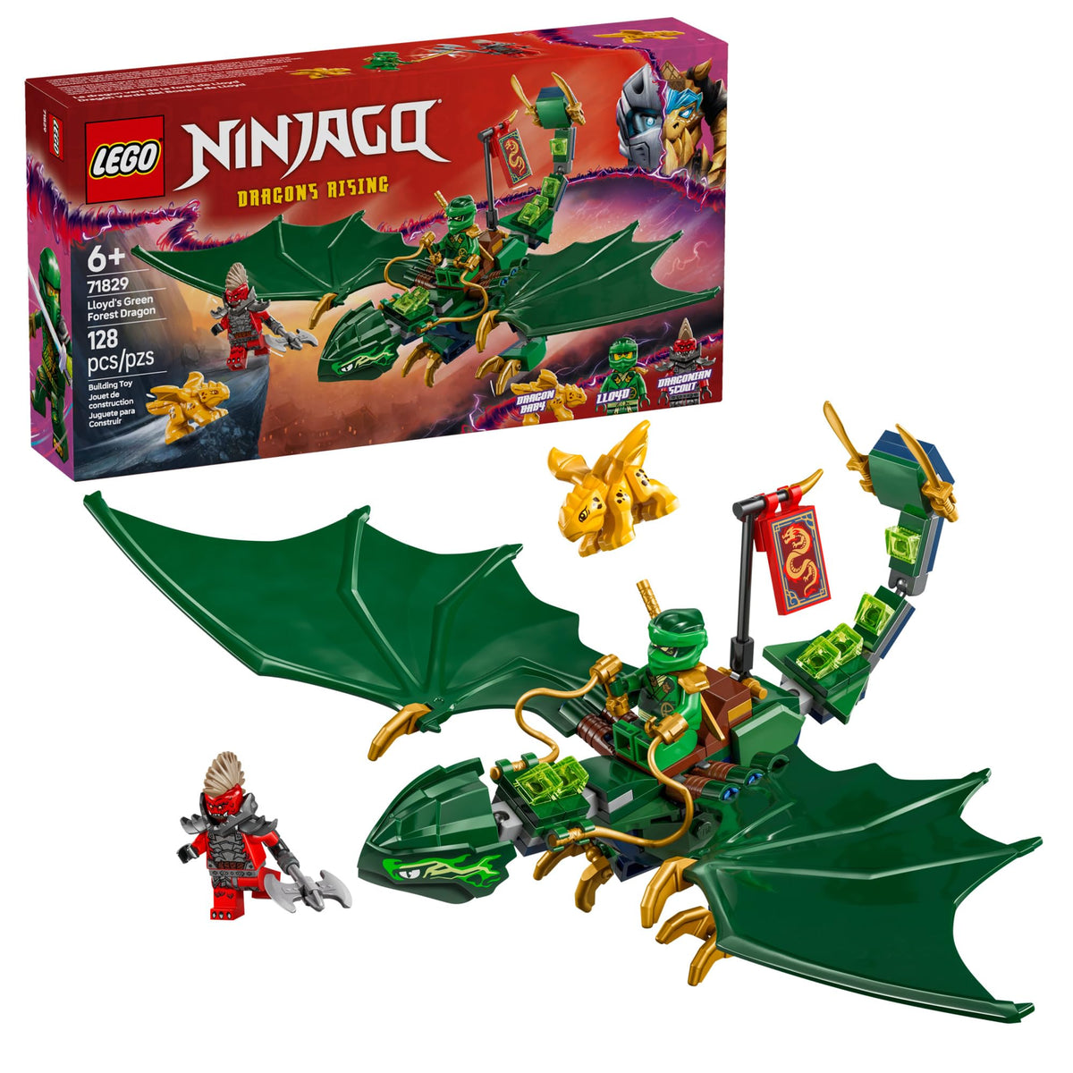LEGO NINJAGO Lloyd’s Green Forest Dragon wings in flight, inspiring imaginative aerial adventures.