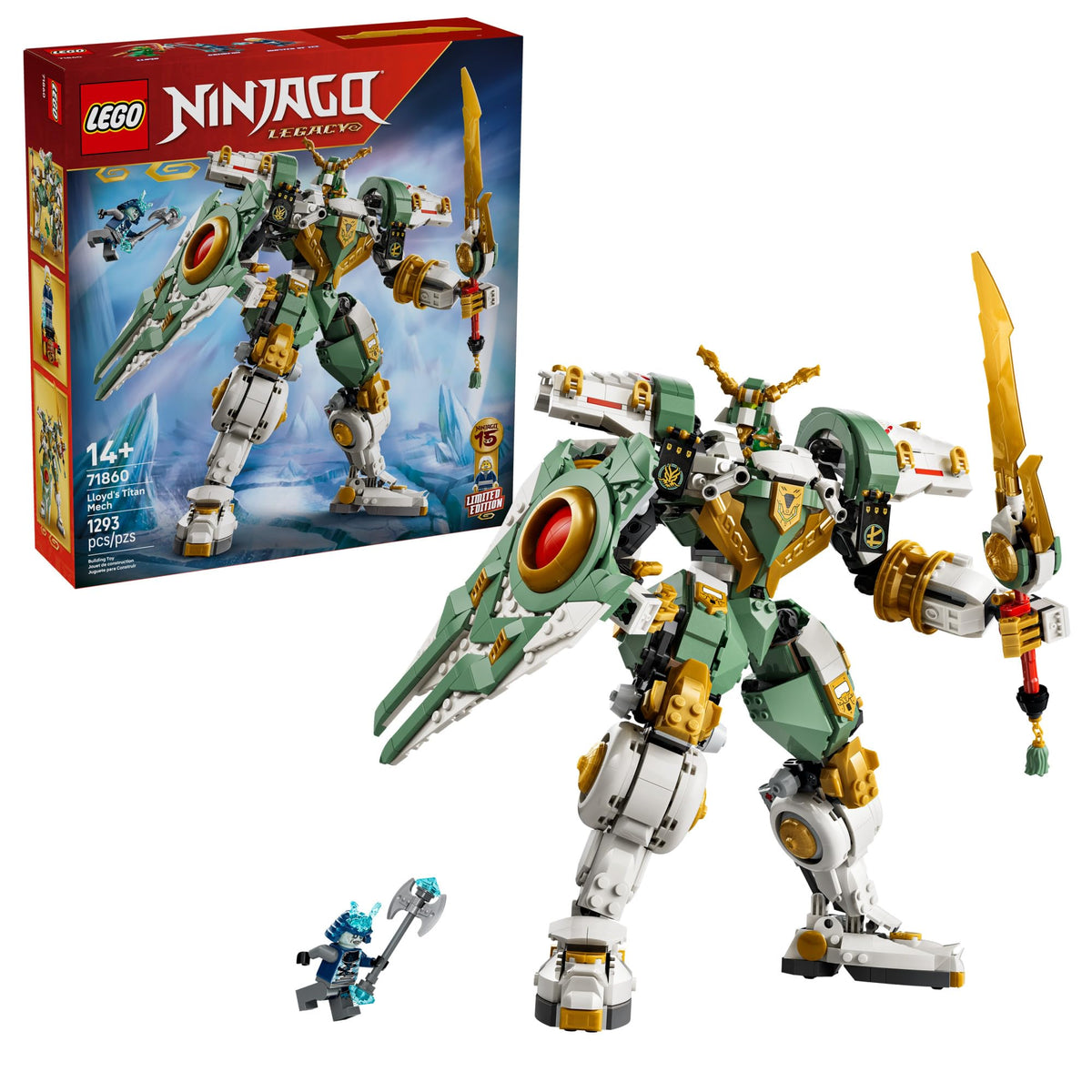 LEGO NINJAGO Lloyd's Titan Mech 15th Anniversary model ready for display.