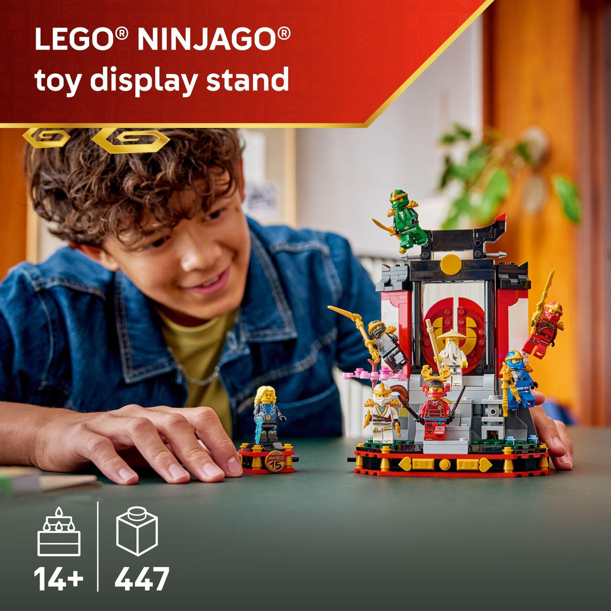 LEGO NINJAGO ninja minifigures arranged on the display for nostalgic play.
