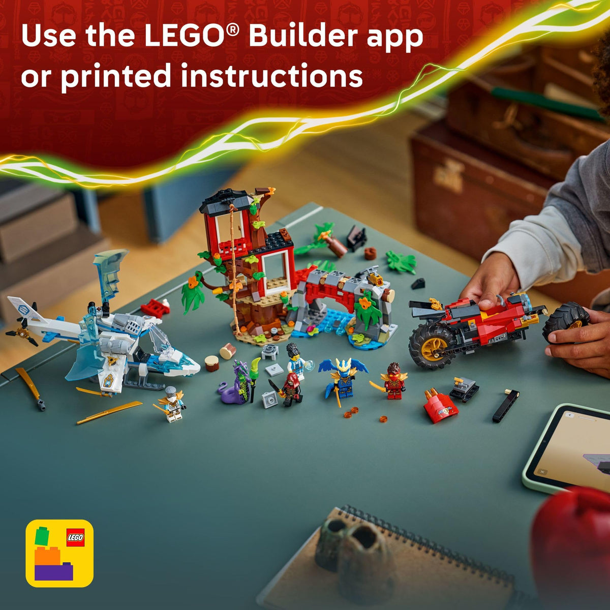 LEGO NINJAGO tree house scene showing rotating bridge and rock trap.