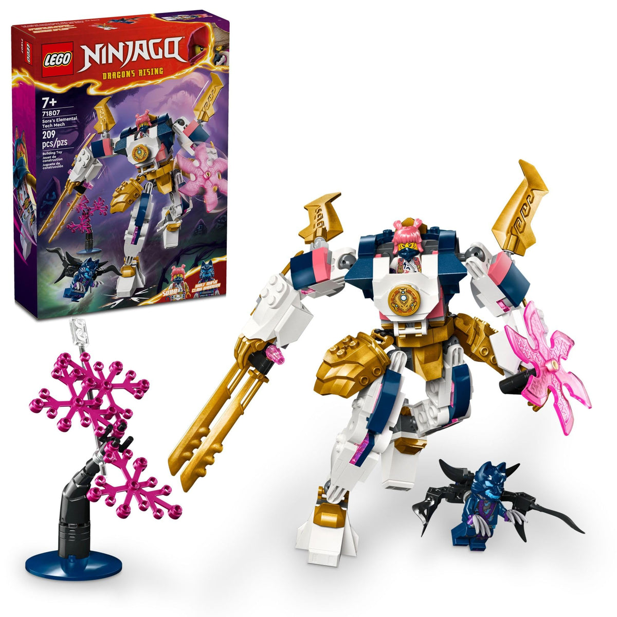 LEGO NINJAGO Sora’s Elemental Tech Mech front view, highlighting the customizable battle-ready design for kids