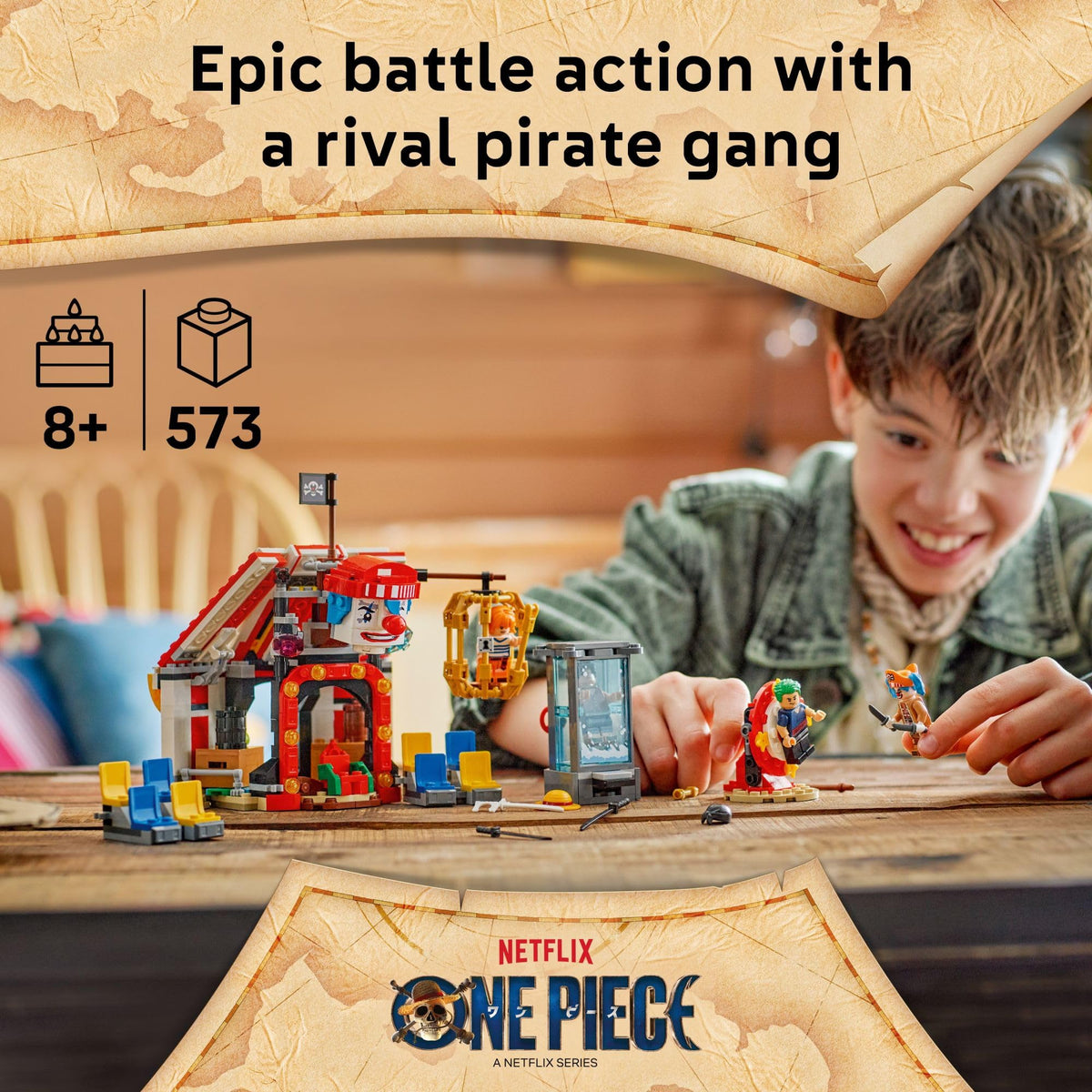 LEGO Buggy Circus minifigures with Luffy, Zoro, and Nami invite adventurous storytelling
