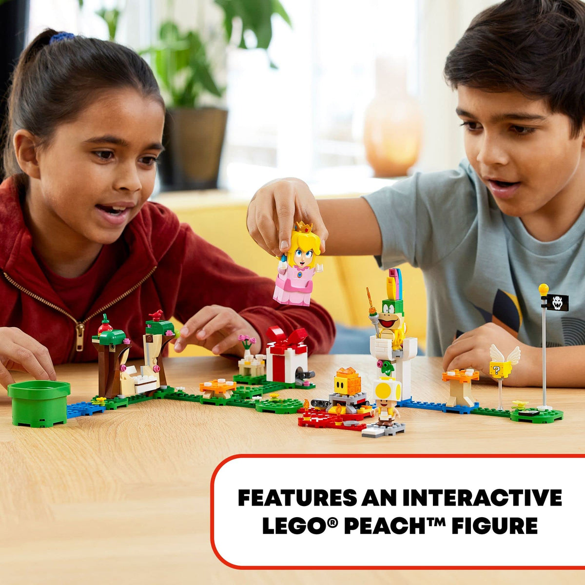 LEGO Peach interactive figure close-up showing LCD responses during play