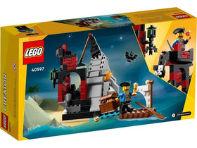 LEGO Scary Pirate Island shark head cave with treasure guarded by skull and bat.