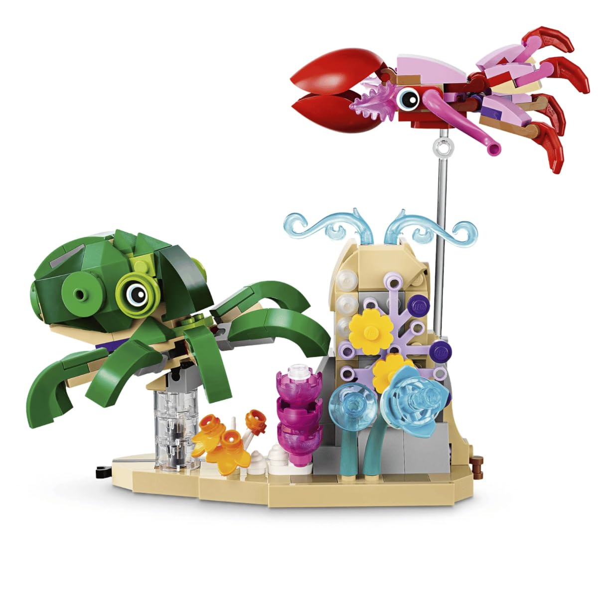 LEGO Sea Animals transparent rods highlight posable figures for dynamic underwater scenes.