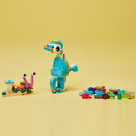 LEGO seahorse and sea snail transform for versatile play and storytelling