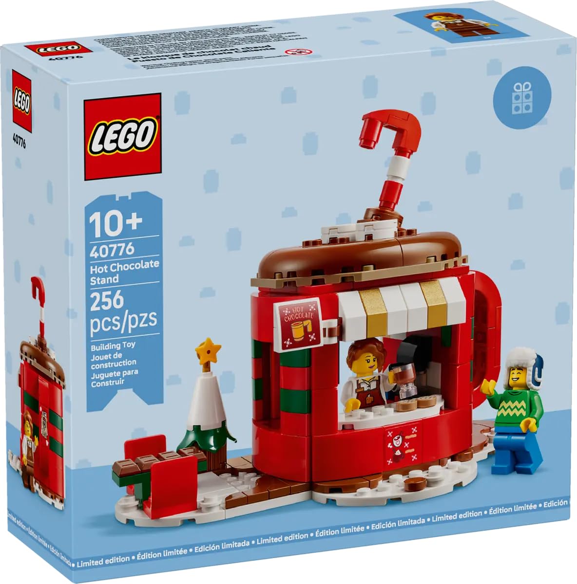 LEGO Seasonal Hot Chocolate Stand 40776 front view showing mug-shaped stall with froth for festive play